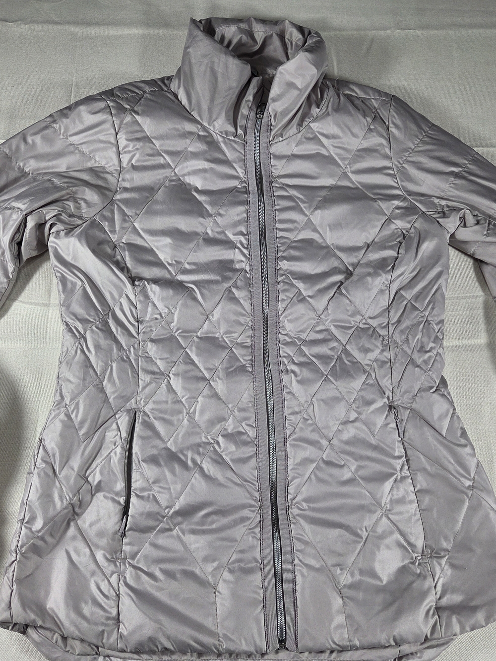 Athleta Goose Down Quilted Puffer Jacket Women's Small Gray Full Zip Lightweight